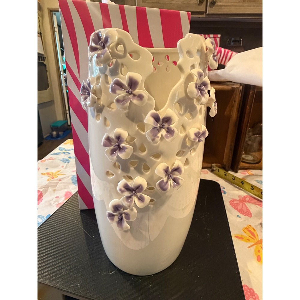 Pink Zebra Retired White Ceramic Lattice Vase Purple 3D Applied Flowers
